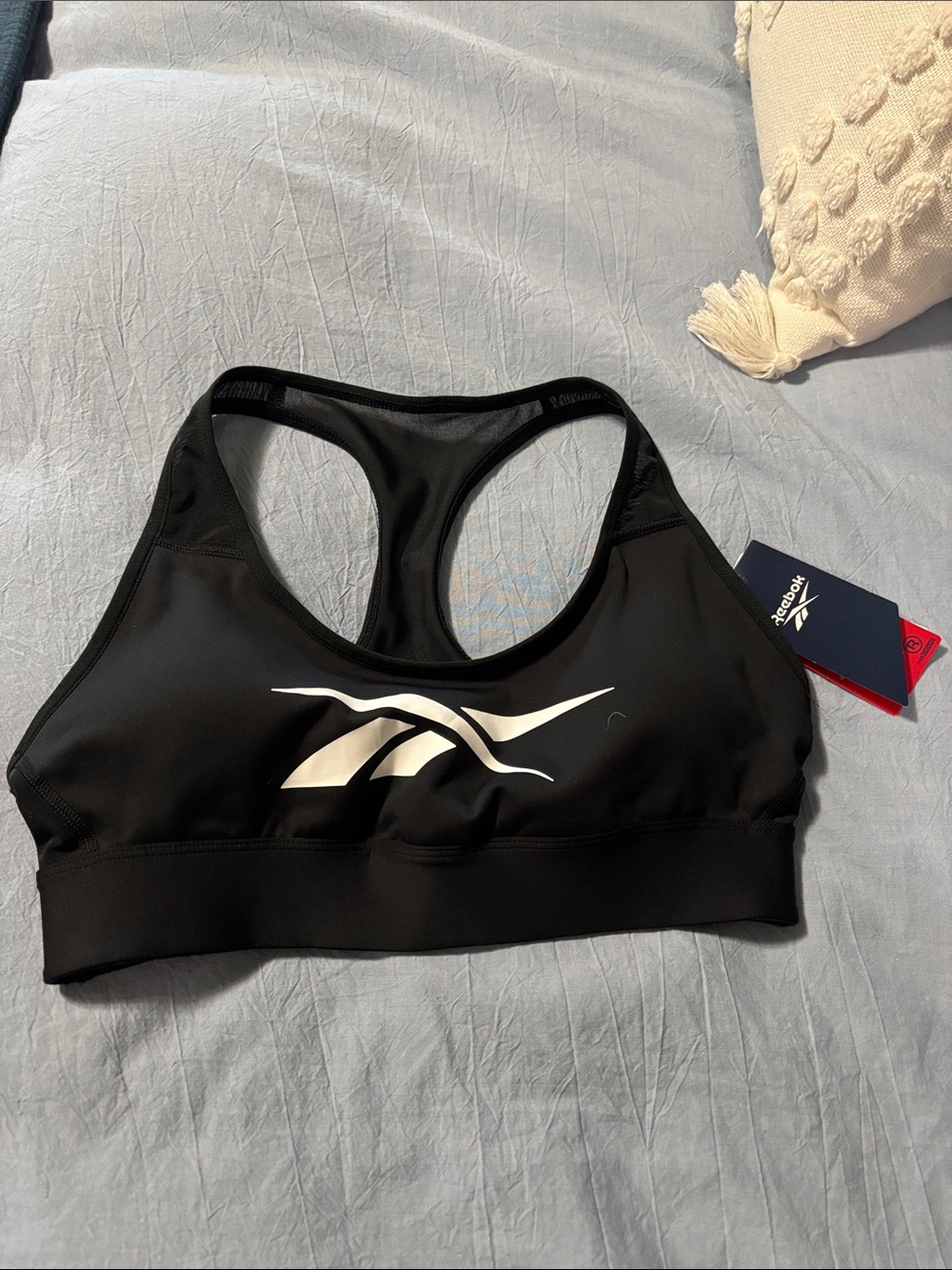 Reebok Lux Black Racerback Sports Bra with White Logo